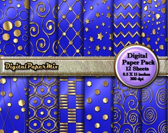Blue Gold Digital Paper, Gold Scrapbook paper, Metallic Gold Scrapbook Printable Background Paper, 300 DPI Instant Download