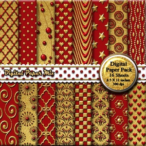 Gold Red Digital Paper,  Digital Paper Backgrounds, Damask Patterns Printable Scrapbook Paper, Gold Red Decoupage , 300 DPI Instant Download
