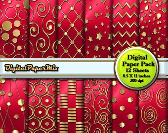 May include: A digital paper pack with 12 sheets of red and gold patterned paper. The patterns include circles, swirls, stars, and geometric designs. The paper is 8.5 x 11 inches and 300 dpi.