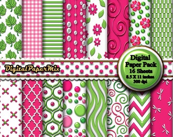 Pink Green Digital Paper, Pink Floral Digital Paper Backgrounds,  Pink Printable Scrapbook Paper Pack, Green Paper, 300 DPI Instant Download