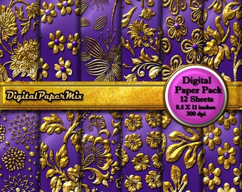 Purple Gold Digital Paper, Gold Scrapbook paper, Embossed Metallic Gold Scrapbook Printable Background Paper, 300 DPI Instant Download