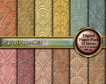 May include: A digital paper pack with 12 sheets of geometric patterns in gold, brown, and green. The patterns are inspired by the Art Deco style. The paper pack is 8.5 x 11 inches and 300 dpi.