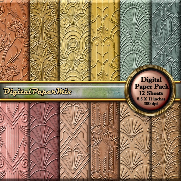 Vintage Digital Paper, Damask Art Deco Digital Paper Pack Background, Earth Tone Embossed Printable Scrapbook Paper 300 DPI Instant Download