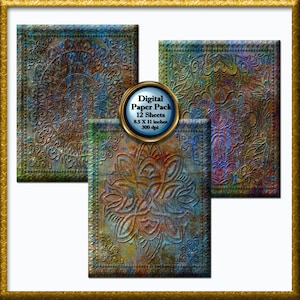 Peut inclure: Trois feuilles de papier numérique avec un motif texturé, gaufré, métallique, bleu, vert et marron. Le motif présente un motif circulaire avec un motif floral. Le texte sur l'image indique "Digital Paper Pack 12 Sheets 8.5 X 11 Inches 300 dpi".