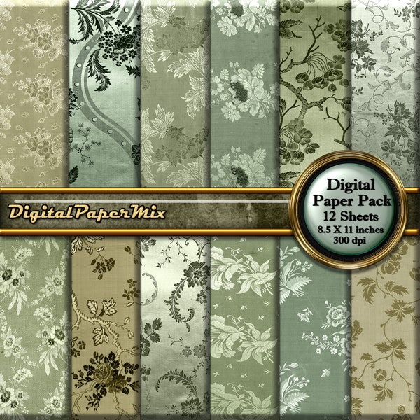 Vintage Green Digital Paper, Silk Fabric Digital Paper Pack Background, Grunge Green Silk Damask Scrapbook Paper, 300 DPI Instant Download