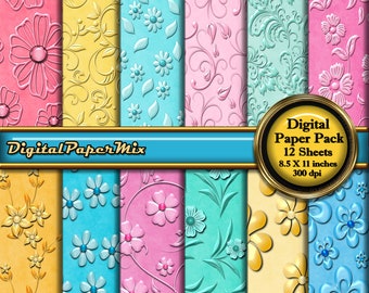 Digitaal bloemenpapier, digitaal bloemenpapierpakket, plakboekpakket, lentekleuren bloemen achtergrondpapier, 300 dpi direct downloaden