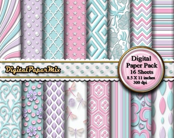 Aqua Pink Digital Paper,  Embossed Digital Paper, Pastel Paper, Printable Paper Pack, Digital Scrapbook art Paper, 300 DPI, Instant Download