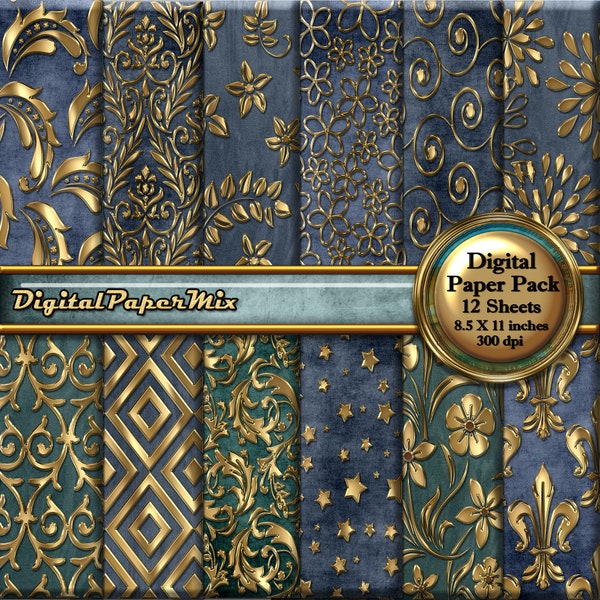 Digital Paper, Vintage Blue Gold Scrapbook paper Pack, Embossed Floral Digital Paper Pack, Gold Background Paper, 300 DPI Instant Download