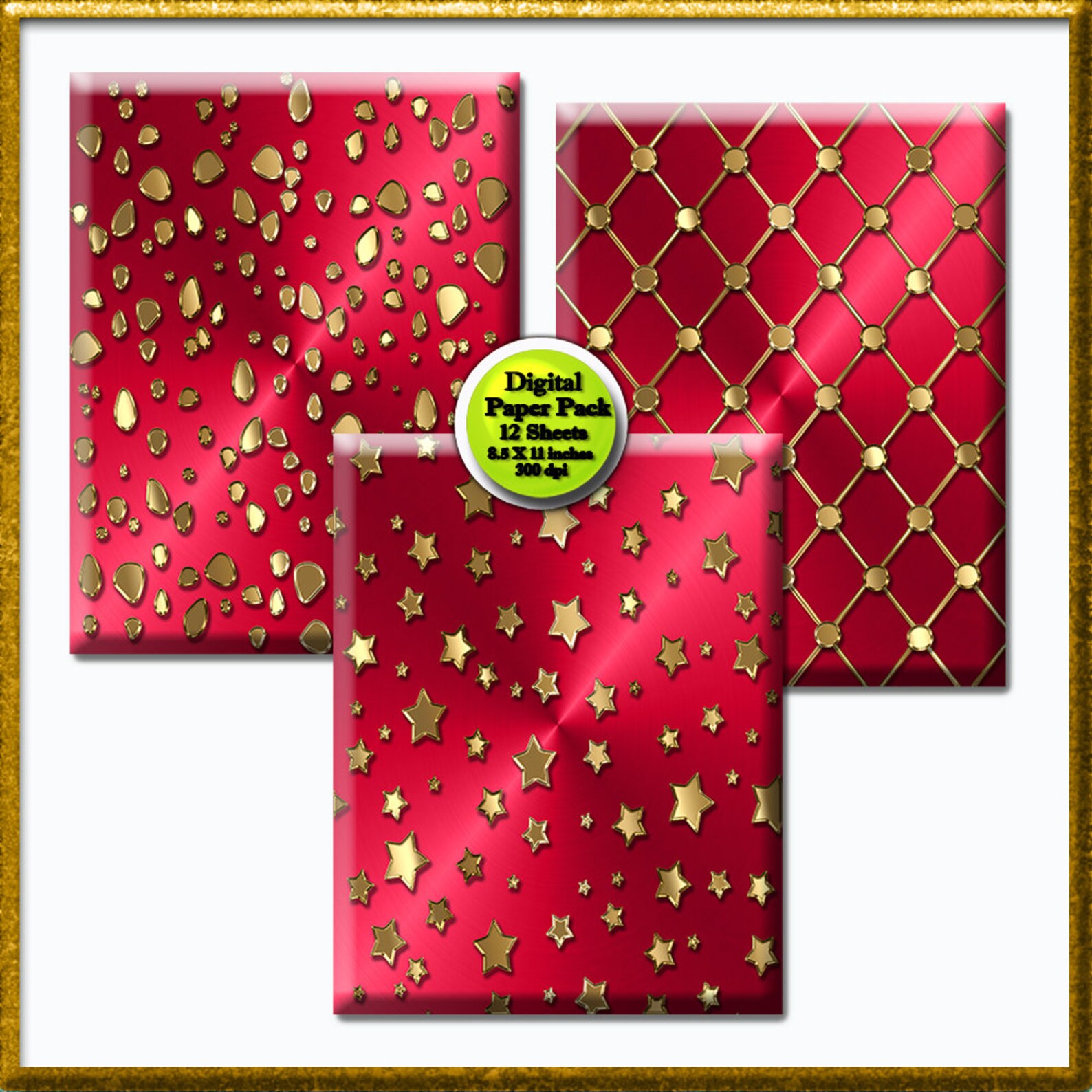 Red Gold Digital Paper, Gold Scrapbook Paper Pack, Embossed Red