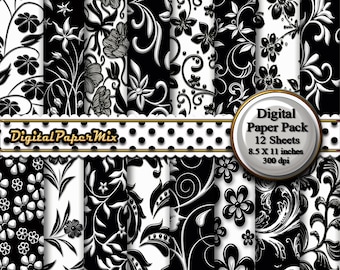 Black White Digital Paper, Floral Digital Paper Backgrounds, Printable Paper Pack, Black White Scrapbook Paper, 300 DPI Instant Download