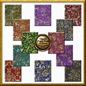 Digital Paper, Multi Color Gold Scrapbook Paper Pack, Floral Gold ...
