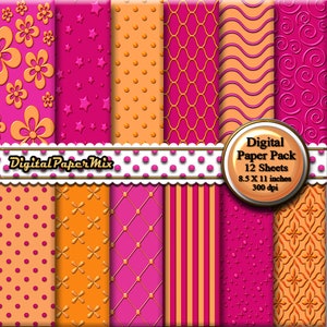 Pink Orange Digital Paper, Pink Digital Paper Backgrounds, Orange Printable Scrapbook Paper Pack, Damask Patterns, 300 DPI Instant Download