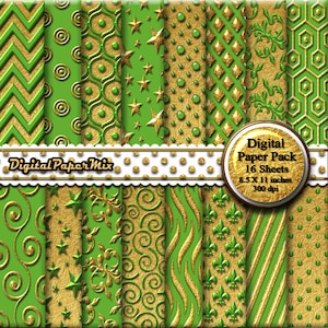Gold Green Digital Paper, Gold Digital Paper Backgrounds, Gold Damask Printable Scrapbook Paper Pack, Green Paper, 300 DPI Instant Download