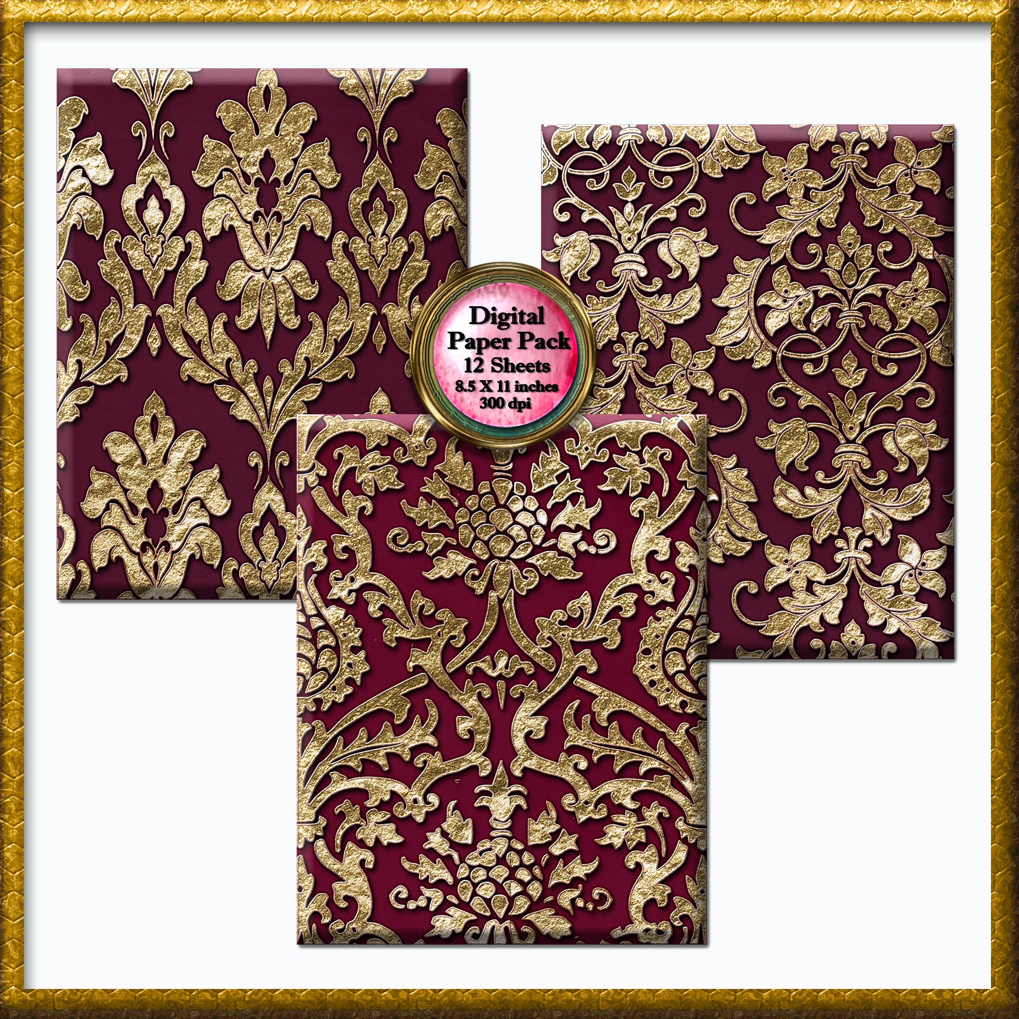 12 Digital Paper, Burgundy Gold Scrapbook Paper Pack, Embossed Damask