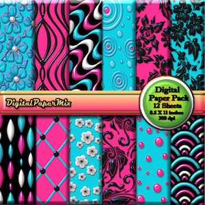 Digital Paper: Digital Paper Pack, Blue Hot Pink Digital Scrapbook Paper Pack, Blue Digital Paper, Scrapbook Paper 300 DPI INSTANT DOWNLOAD
