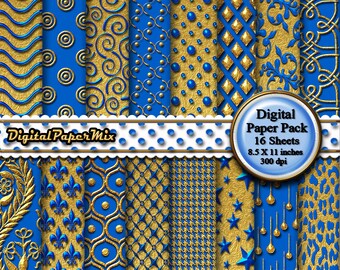 Puede incluir: Paquete de papel digital con 16 hojas de diseños azules y dorados. El paquete incluye hojas de 8,5 x 11 pulgadas a 300 dpi.