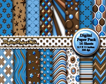 Blue Brown Digital Paper, Embossed Digital Paper, Printable Paper Pack, Digital Background, Scrapbook art Paper, 300 DPI, Instant Download