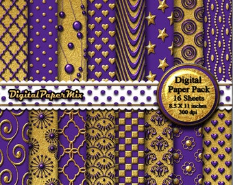 Gold Purple Digital Paper,  Digital Paper Backgrounds, Damask Patterns Printable Scrapbook Paper, Gold Decoupage , 300 DPI Instant Download
