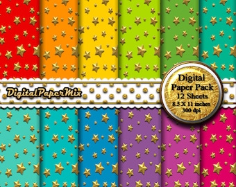 Gold Stars Papel digital, Papel digital fondo oro Foil imprimible papel paquete de papel Oro estrellas arco iris Scrapbook 300 DPI Descarga instantánea