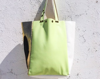 Lime Green Leather Tote Bag/Lime, White & Gold Leather Tote/Antique Gold Metallic Leather/Leather Carry All Tote Bag/Fish Bag – ORMarinaEL11