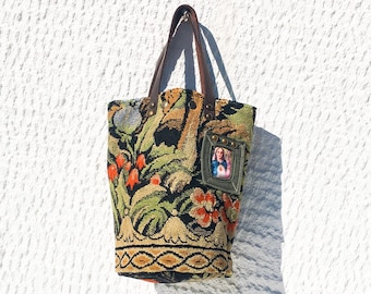 Small Bucket Style Tote Bag Upcycled Vintage Tapestry/Bucket Fabric Handbag/Tapestry Tote Bag, Leather Handles – Barelaki1