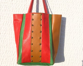 Coral Red, Green and Tan Leather Tote Bag/Handmade Colorful Leather Shoulder Bag/Leather Carry All Bag – IreneEL52