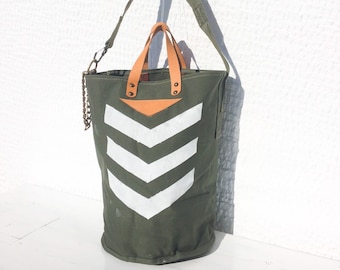 Upcycled Vintage Military Canvas Tote Bag/Oversized Military Canvas Hand Painted Bucket Bag/Dual Leather and Canvas Strap– BucketCL27