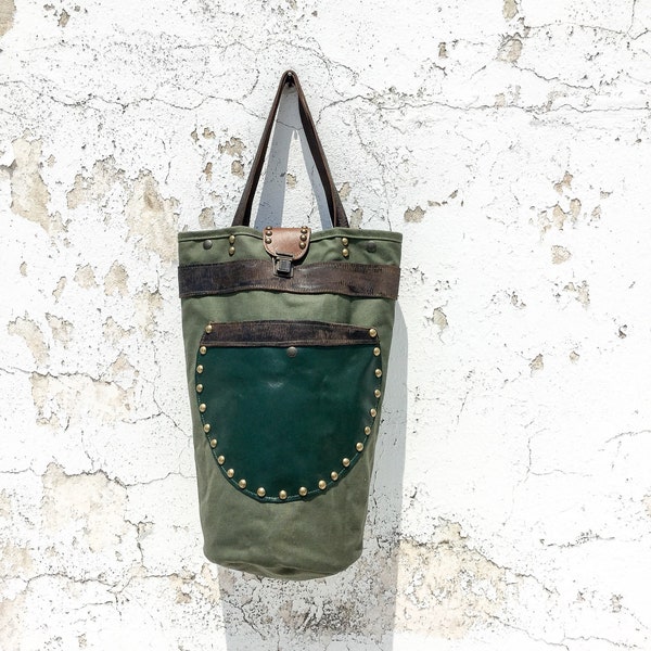 Oversized Canvas and Leather Bucket Tote Bag/Military Canvas Tote with Hunter Green External Leather Pocket/Large Carry All – LBucketECL2
