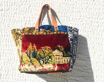 Small Tapestry Tote Bag Upcycled Vintage Fabrics/Tapestry, Velvet Brocade, Hand Loomed Vintage Fabric/Leather Details/Fabric Tote –Koutaki24