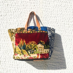 Petit sac fourre-tout en tapisserie Tissus vintage recyclés/Tapisserie, brocart velours, tissu vintage tissé à la main/Détails en cuir/Fourre-tout en tissu –Koutaki24