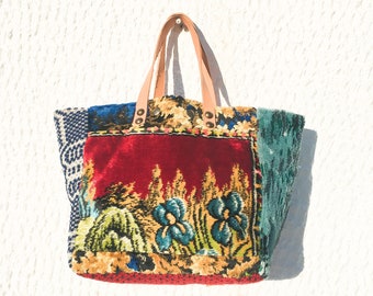 Small Tote Bag Upcycled Vintage Fabrics/Tapestry Tote with Vintage Hand Woven Fabric and Velvet/Nature Pattern/Leather Details – Koutaki27