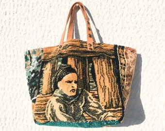 Small Tapestry Tote Bag/Upcycled Vintage Tapestry with Woman Portrait/Turquoise Brocade/Lined Fabric Tote Bag, Leather Handles – Koutaki29