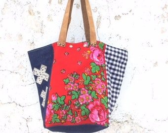 Denim, Check and Floral Fabric Tote Bag/Upcycled Vintage Fabric Tote Bag with Leather Details/Large Red Floral Carry All – IreneED22