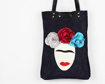 Navy Blue Leather Shoulder Bag with Leather Flowers/Blue Polkadot Leather Bag/Unique Leather Bag/Art Bag – Frida IreneEL31