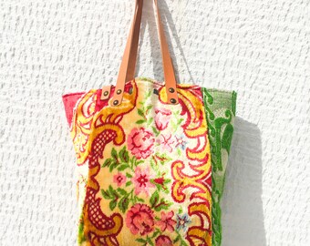 Fabric Tote Bag Upcycled Vintage Floral Tapestry, Hand Loomed Wool Fabric and Velvet/One of a Kind Medium-sized Carry All Tote Bag–IreneEF83