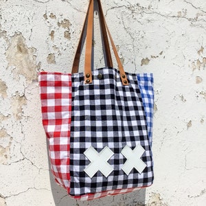 Check Fabric and Leather Tote Bag/Black Red & Blue Check Pattern Cotton Fabric Tote/Fabric and Leather Carry All Shopper Bag KaroEC2 image 3