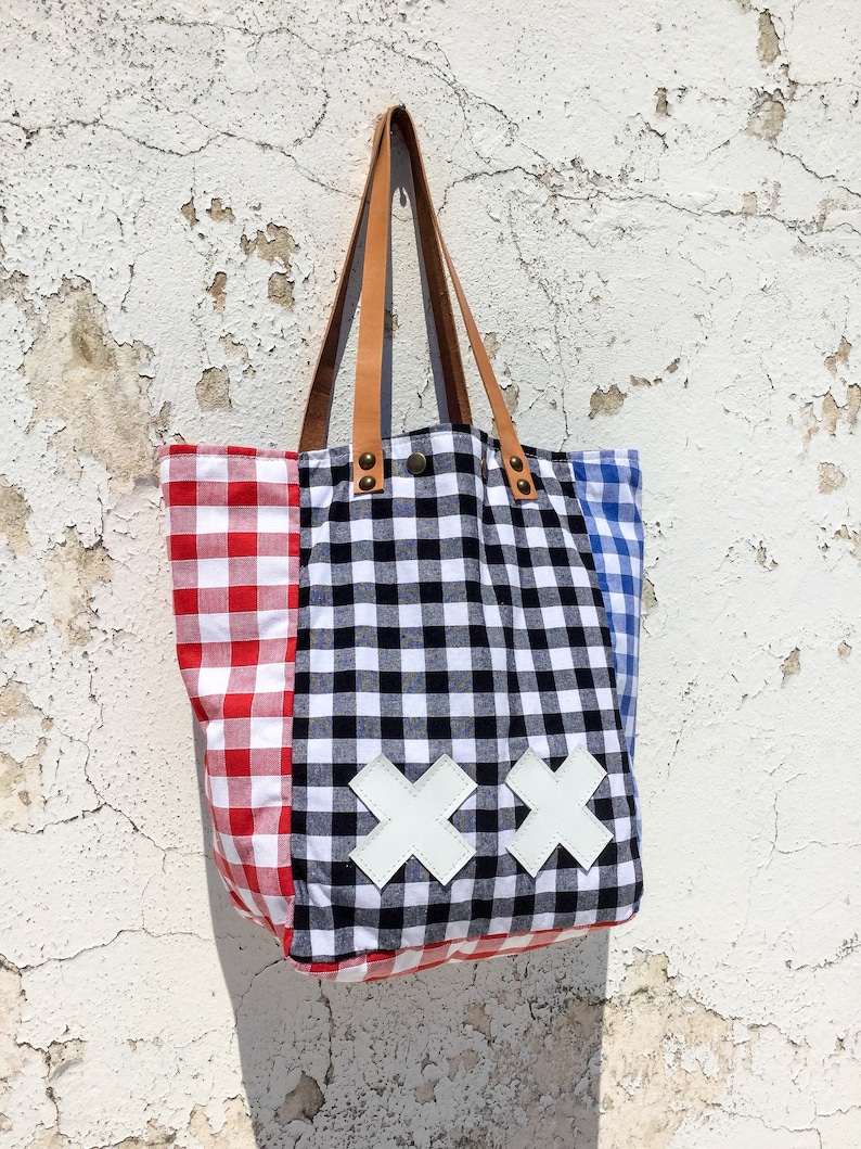 Check Fabric and Leather Tote Bag/Black Red & Blue Check Pattern Cotton Fabric Tote/Fabric and Leather Carry All Shopper Bag KaroEC2 image 3