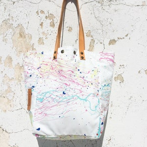 Hand Painted White Canvas Tote Bag/Splatter Paint Canvas Tote Bag/Water Resistant Canvas Tote Bag/Art Tote Bag IreneC45 image 6