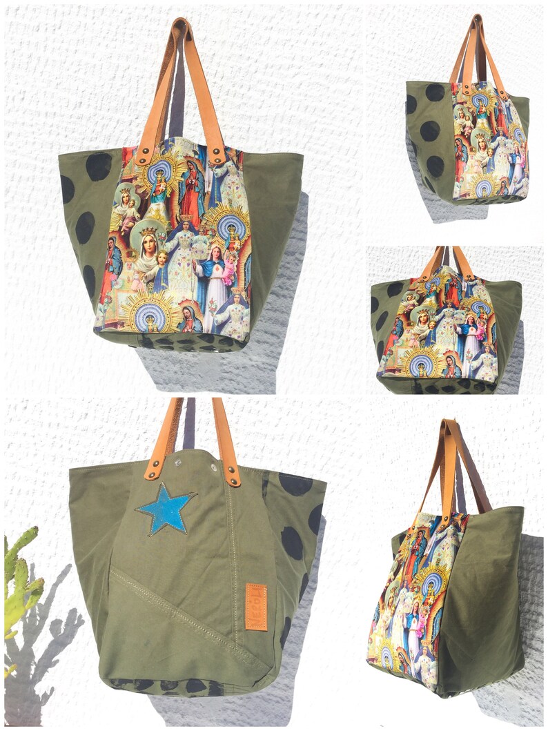 Upcycled Vintage Military Canvas Tote Bag with Virgins Pattern Velvet FabricUnique Hand Painted Tote Bag \u2013 IrMadonna69