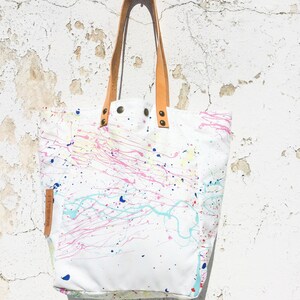 Hand Painted White Canvas Tote Bag/Splatter Paint Canvas Tote Bag/Water Resistant Canvas Tote Bag/Art Tote Bag IreneC45 image 2