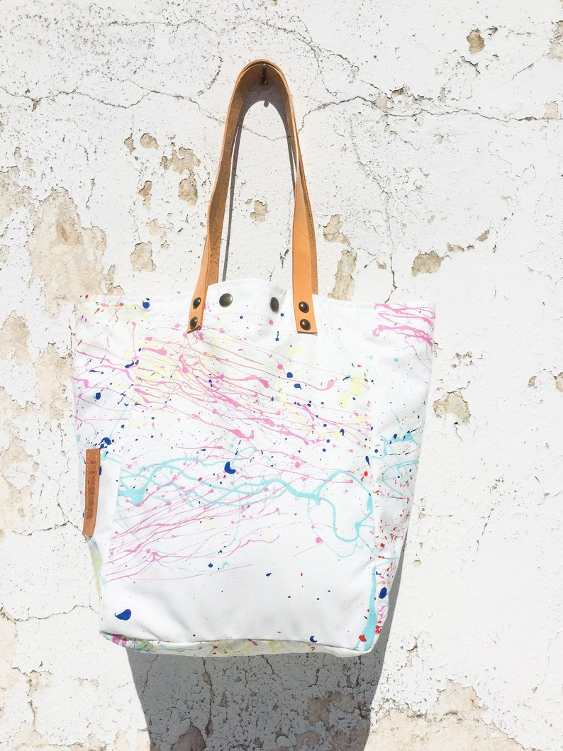 Hand Painted White Canvas Tote Bag/Splatter Paint Canvas Tote Bag/Water Resistant Canvas Tote Bag/Art Tote Bag IreneC45 image 2