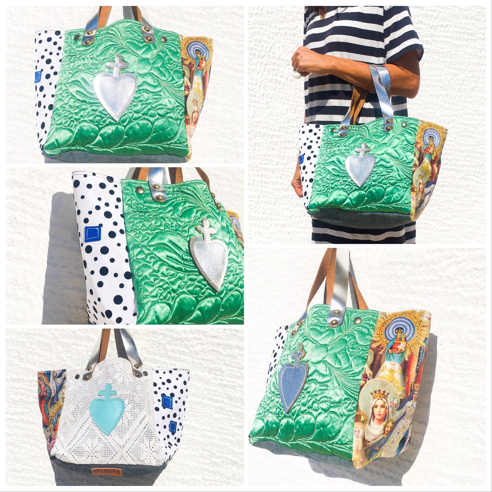 Small Fabric Tote Bag/green Quilted Satin Fabric Tote With Leather