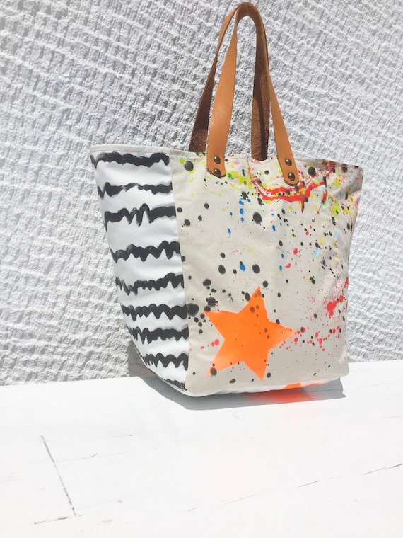 Hand Painted Canvas Tote Bag/colorful Splatter Paint Canvas
