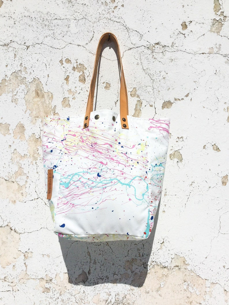 Hand Painted White Canvas Tote Bag/Splatter Paint Canvas Tote Bag/Water Resistant Canvas Tote Bag/Art Tote Bag IreneC45 image 1