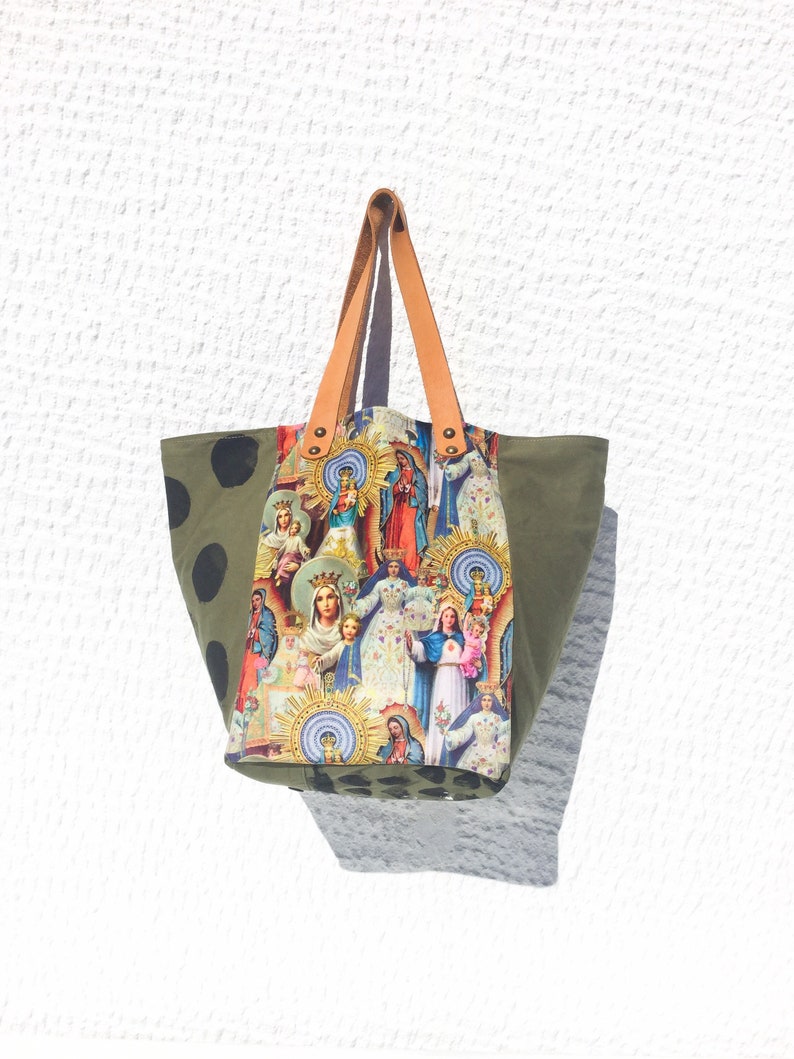 Upcycled Vintage Military Canvas Tote Bag with Virgins Pattern Velvet FabricUnique Hand Painted Tote Bag \u2013 IrMadonna69
