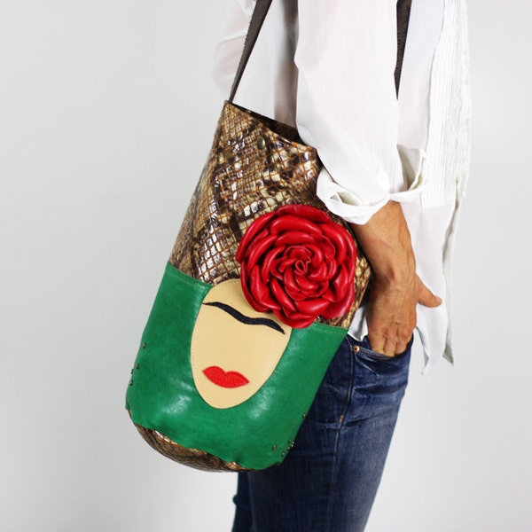 Frida Leather Bag/Large Leather Bucket Bag/Brown Snake Leather Bag/Brown & Green Leather Shoulder Bag/Frida Leather Tote Bag – FridaSophia6