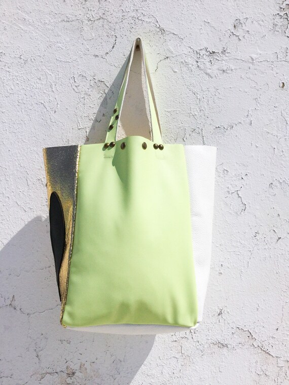 Lime Green Leather Tote Bag lime White Gold Leather Tote antique Gold Metallic Leather leather Carry All Tote Bag fish Bag Ormarinael11 Etsy Ireland