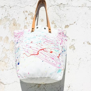 Hand Painted White Canvas Tote Bag/Splatter Paint Canvas Tote Bag/Water Resistant Canvas Tote Bag/Art Tote Bag IreneC45 image 8