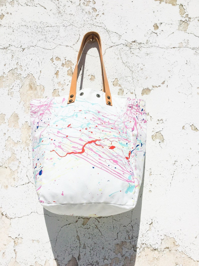 Hand Painted White Canvas Tote Bag/splatter Paint Canvas Tote Etsy