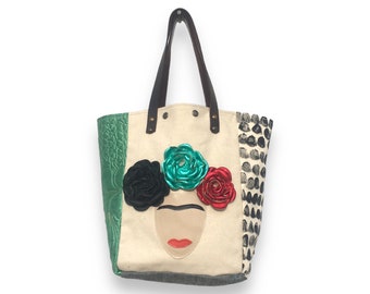 Unique Frida Tote Bag Sailcloth Canvas, Denim, Upcycled Vintage Fabric, Hand Painted Details, Handmade Leather Flowers/Art Bag – FriIRENE77